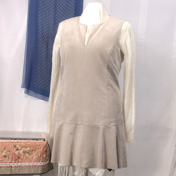 BCBGMaxAzria ‘Adelene’ Faux Suede V Neck Back Zip Sleeveless Ruffle Hem Lined - Picture 1 of 9